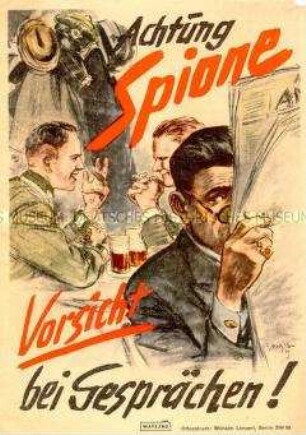 Kleinplakat aus dem Zweiten Weltkrieg mit der Warnung vor Spionen