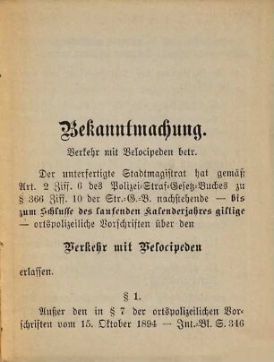 Neueste Bestimmungen über den Verkehr mit Velocipeden in der Stadt Augsburg