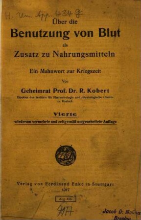 Über die Benutzung von Blut als Zusatz zu Nahrungsmitteln