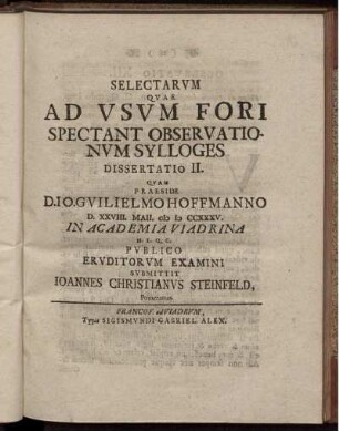 Selectarum quae ad usum fori spectant ... Dissertatio II.