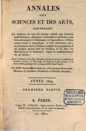 Annales des sciences et des arts. 1809 (1810), 1