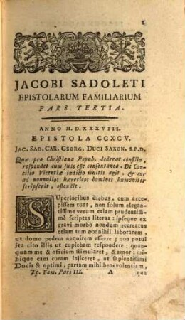 Jacobi Sadoleti S.R.E. Cardinalis Epistolae quotquot extant proprio nomine scriptae : nunc primum duplo auctiores in lucem editae. 3