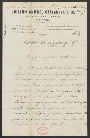 Brief an Ludwig Strecker  und B. Schott's Söhne : 09.03.1892