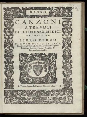 Lorenzo Medici: Canzoni a tre voci ... Libro terzo. Basso