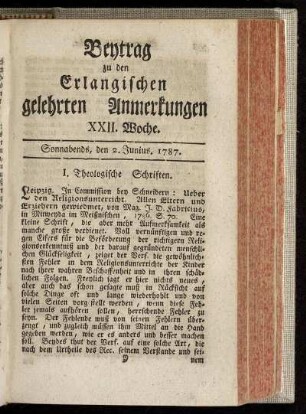 XXII. Woche. Sonnabends, den 2. Junius. 1787.
