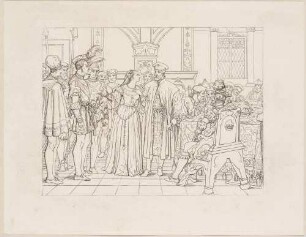 Zu Shakespeares "Othello", Blatt 3, 1. Akt, 3. Szene: Desdemona zwischen Othello und Brabantio, am Tisch die Ratsversammlung