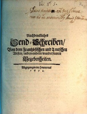 Nachdenckliches Send-Schreiben, Von dem Frantzösischen und Teutschen Wesen, neben andern wundersamen Begebenheiten