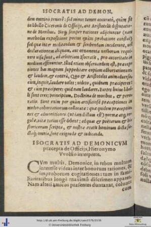 Isocratis Ad Demonicum præcepta de Officijs Hieronymo Wolfio interprete