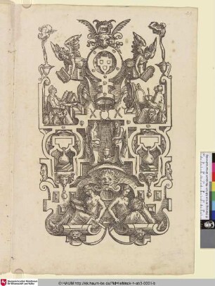 [Dekoration mit dem Wappen der Lukasgilde; Vlakdecoratie met rolwerk. Bovenaan hangt een kleine ronde cartouche met het wapen van het Lukasgilde]