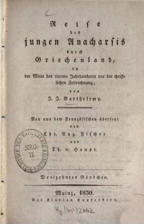 Reise des jungen Anacharsis durch Griechenland, in der Mitte des vierten Jahrhunderts vor der christlichen Zeitrechnung, 13