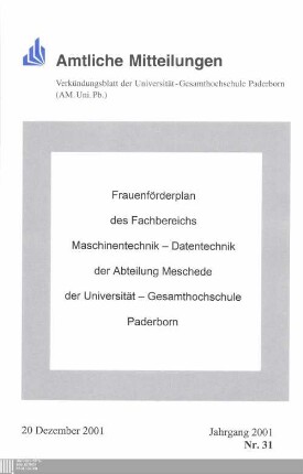 Frauenförderplan des Fachbereichs Maschinentechnik, Datentechnik, der Abteilung Meschede der Universität-Gesamthochschule Paderborn : [vom 23.02.2001]