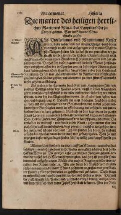 Die marter des heiligen herrlichen Martyrers Menae des Egptiers/ der zu Cotyaeo gelitten ...