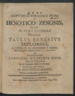 Disputatio Periodica Prima De Henotico Zenonis