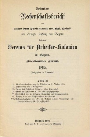 Rechenschaftsbericht des Vereins für Arbeiter-Kolonien in Bayern. 10. 1895