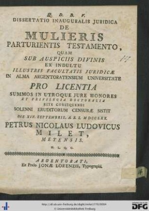 Dissertatio Inauguralis Juridica De Mulieris Parturientis Testamento