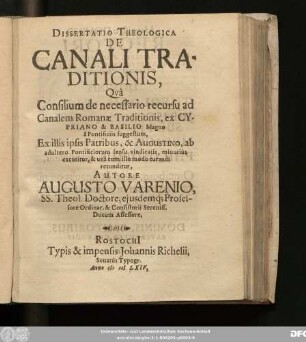 Dissertatio Theologica De Canali Traditionis