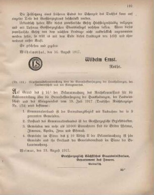 Nr. 191: Ministerialbekanntmachung über die Brennstoffverordnung der Haushaltungen, der Landwirtschaft und des Kleingewerbes
