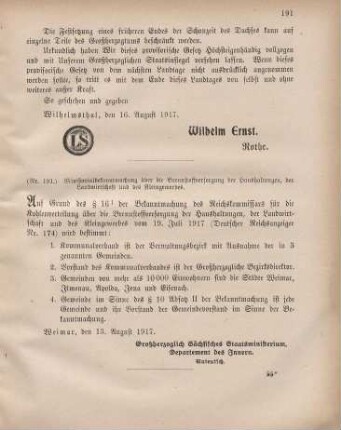 Nr. 191: Ministerialbekanntmachung über die Brennstoffverordnung der Haushaltungen, der Landwirtschaft und des Kleingewerbes