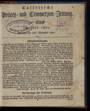 1tes Stück im Jahr 1807, Montag den 29ten December 1806