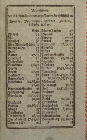 Verzeichniß der in diesem Kalender angeführten Hochstiftischen Aemter, Probsteien, Städte, Flecken, Dörfer u. s. w.