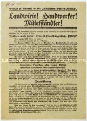 Aufruf des Sächsischen Bauernbundes zur Wahl der Deutschnationalen Volkspartei in den sächsischen Landtag 1920