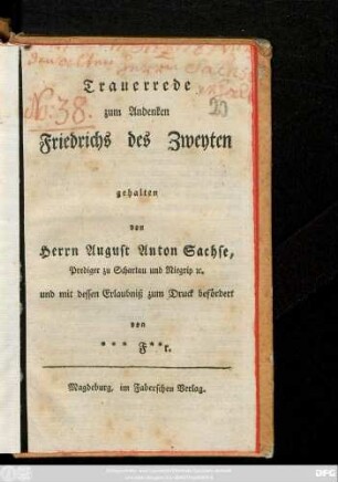Trauerrede zum Andenken Friedrichs des Zweyten