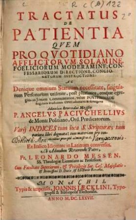 Tractatus De Patientia : varij indices ... pro concionibus promptè administrant