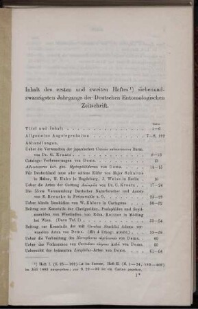 Inhalt des ersten und zweiten Heftes, siebenundzwanzigsten Jahrgangs der Deutschen Entomologischen Zeitschrift.