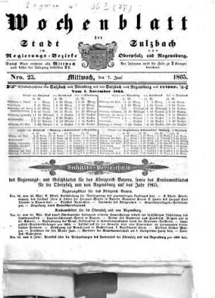 Wochenblatt der Stadt Sulzbach im Regierungs-Bezirke von Oberpfalz und Regensburg des Königreichs Bayern. 1865, 7. Juni - 14. Juni [u.] 28. Juni = Nr. 23 - 24 [u.] 26