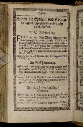 Folgen die Episteln und Evangelia auff die Aposteltage und etliche namhaffte Fest.