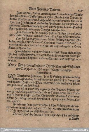 Die 7 Frag/von allerhand Vortheilen und Schaden oder Nachtheilen der Festungen/so auffs Gebirge gebawet werden.