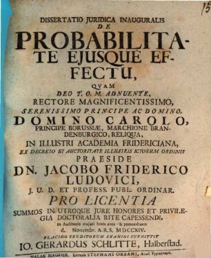 Dissertatio Juridica Inauguralis De Probabilitate Ejusque Effectu