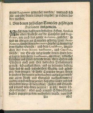 I. Von denen zu hiesiger Cantzeley gehörigen Personen insgemein.