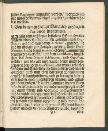 I. Von denen zu hiesiger Cantzeley gehörigen Personen insgemein.
