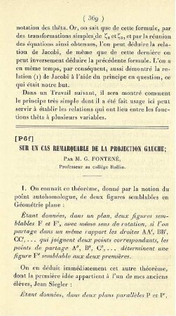 Sur un cas remarquable de la projection gauche.
