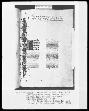 Antonius Minutius, Petrus Baldus de Ubaldis, De usu feudorum — Initiale I (ntellectum), Folio 62 recto