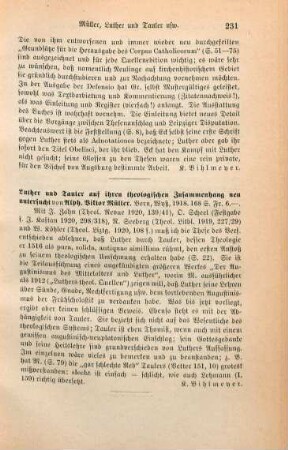 231 [Rezension] Müller, Alphons Victor, Luther und Tauler auf ihrem theologischen Zusammenhang neu untersucht