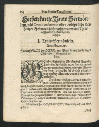 Sieben kurze Traw Sermönlein/ als Commendationes oder Lobsprüche des heiligen Ehestandes ...