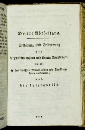 Dritte Abtheilung. Erklärung und Erläuterung der kurzen Sittenlehren und kleinen Erzählungen, [...]