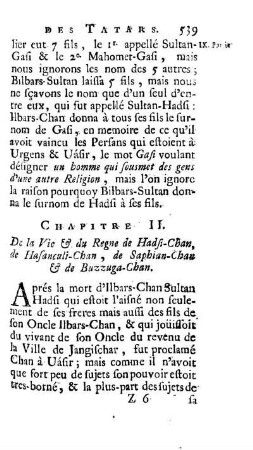 Chapitre II. De la Vie & du Regne de Hadsi-Chan, de Hasanculi-Chan, de Saphian-Chan & de Buzzuga-Chan