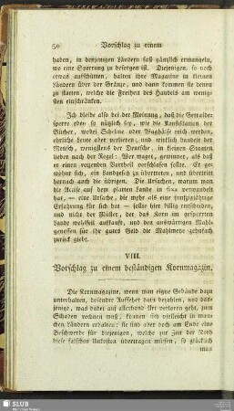 VIII. Vorschlag zu einem beständigen Kornmagazin