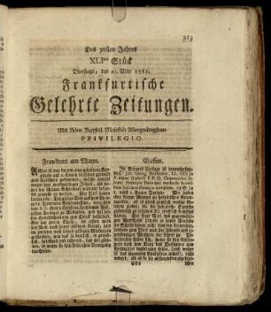 XLItes Stück Dienstags, den 21. May 1765. - Ltes Stück Freytags, den 21. Junii 1765.