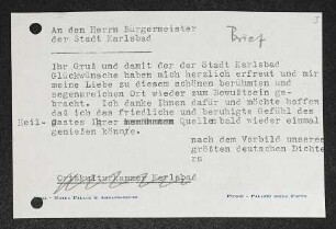 Brief von Gerhart Hauptmann an Karlsbad / Bürgermeister