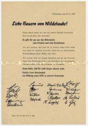 Agitationsblatt an Einzelbauern von Wildtaube zum Eintritt in die LPG, mit Unterschriften-Liste
