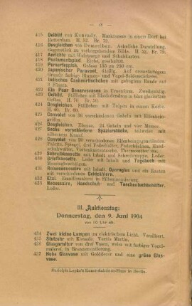 III. Auktionstag: Donnerstag, den 9. Juni 1904, von 10 Uhr ab