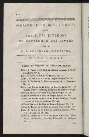 LXII-LXXXIII, Ordre des Matieres ou Table des Divisions