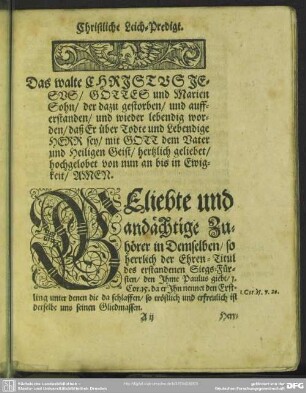 Leichenpredigt : Christliche Leich-Predigt, [Eingang], [Text], Tractatio