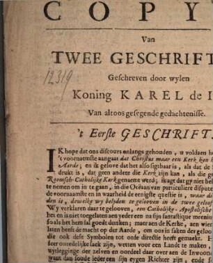 Copye, Van Twee Geschriften Geschreven door wylen Koning Karel de II. Van altoos gesegende gedachtenisse