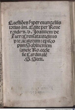 Quaestiones evangeliorum de tempore et de sanctis : mit Vorrede des Autors an das Kardinalskollegium