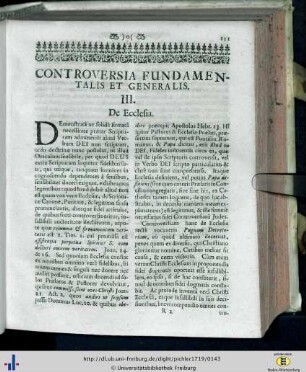 Controversia fundamentalis et generalis III. De Ecclesia.